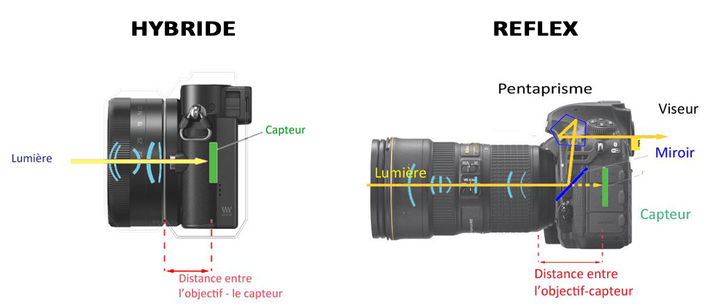 Schéma comparatif entre appareil hybride et reflex